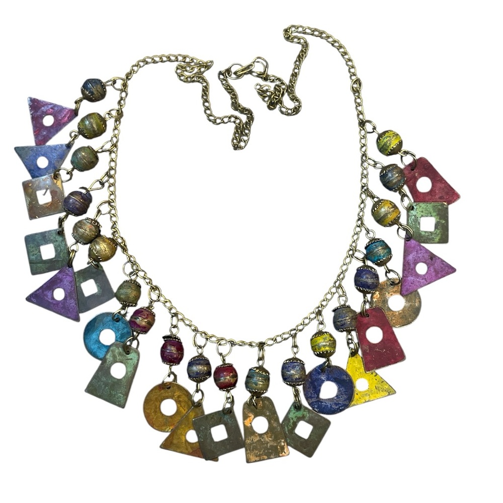 Vintage Retro Colorful Geometric Statement Charm Necklace Painted Metal Boho